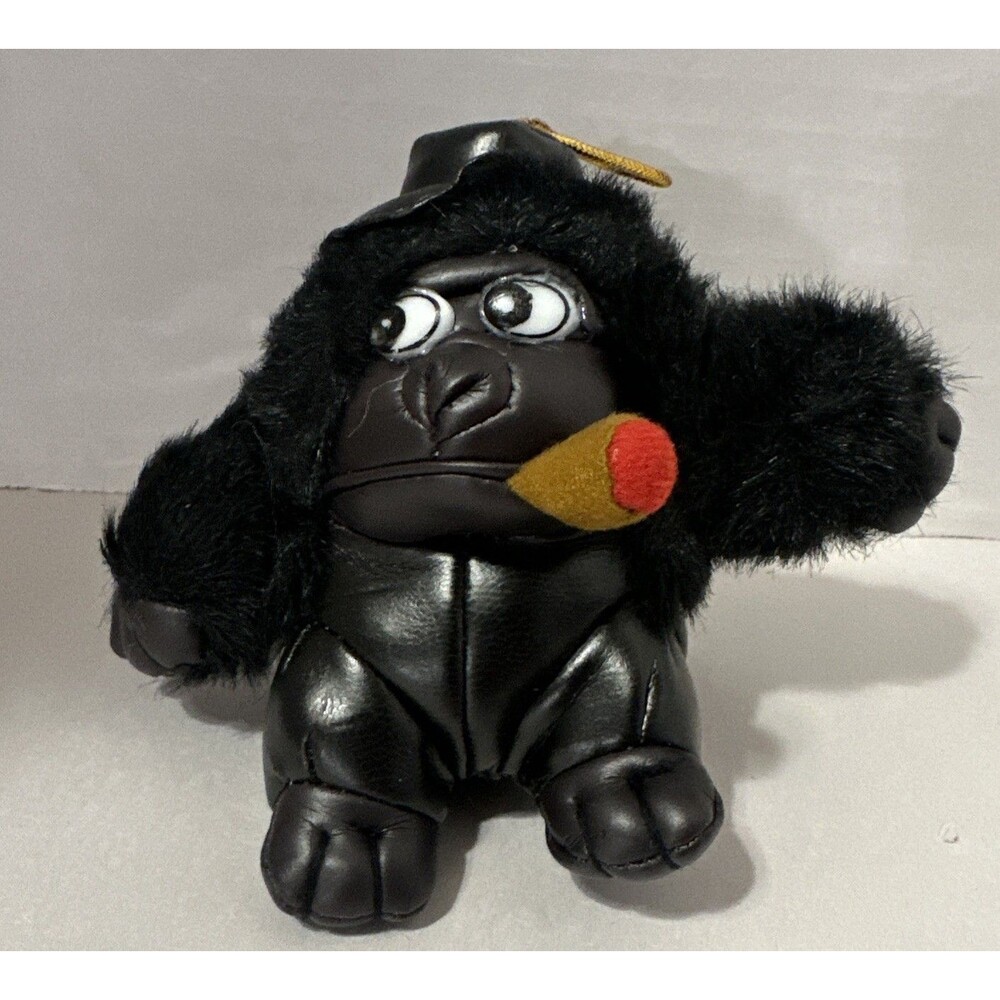 VTG 80s Gorilla Plush Side Eye Vinyl Face Overalls Cap Ape Monkey Figure Black